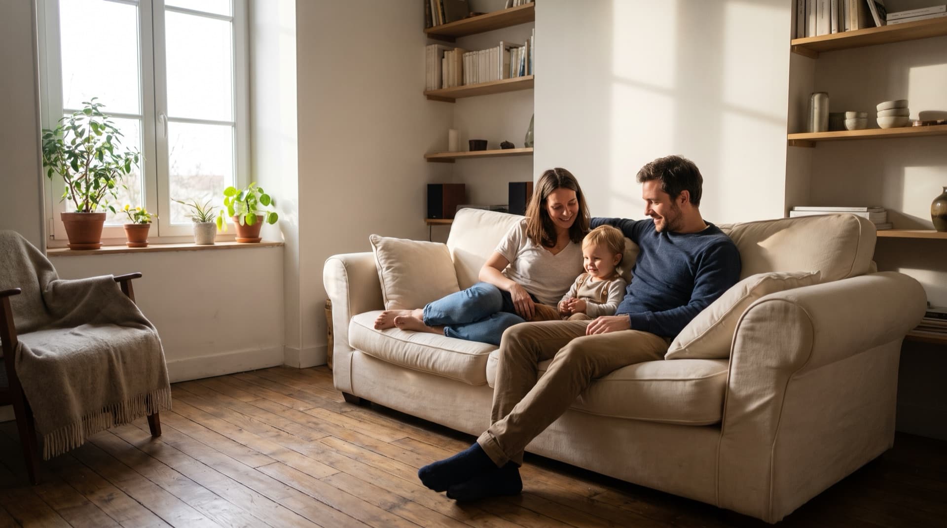 Une jeune famille détendue dans son salon
