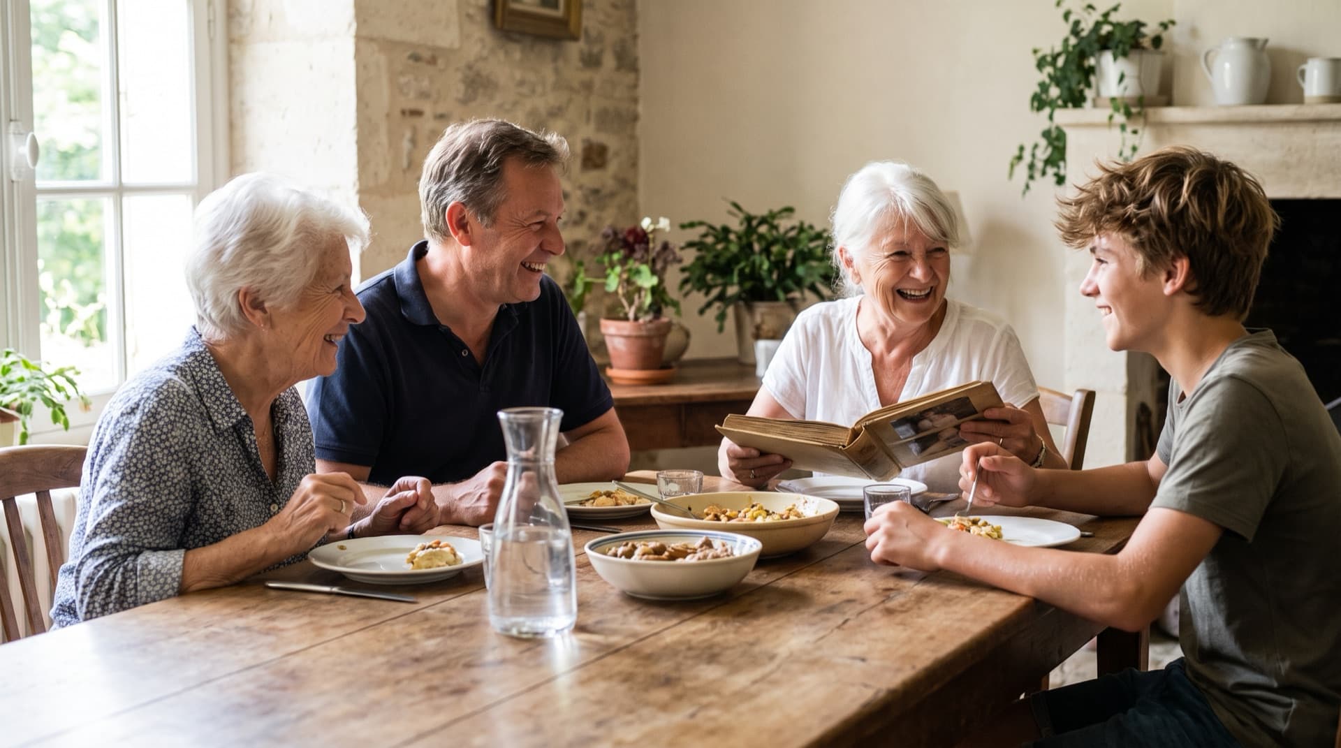 Trois générations d'une même famille réunies autour d'une grande table