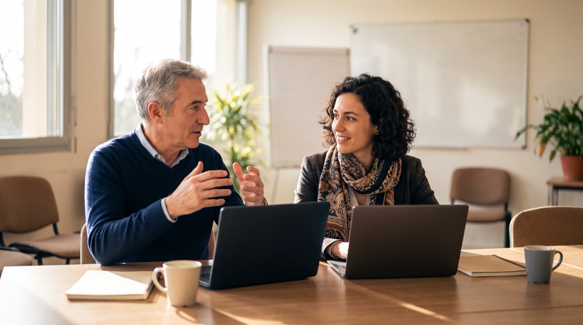 Un mentor explique un point à un courtier plus récent