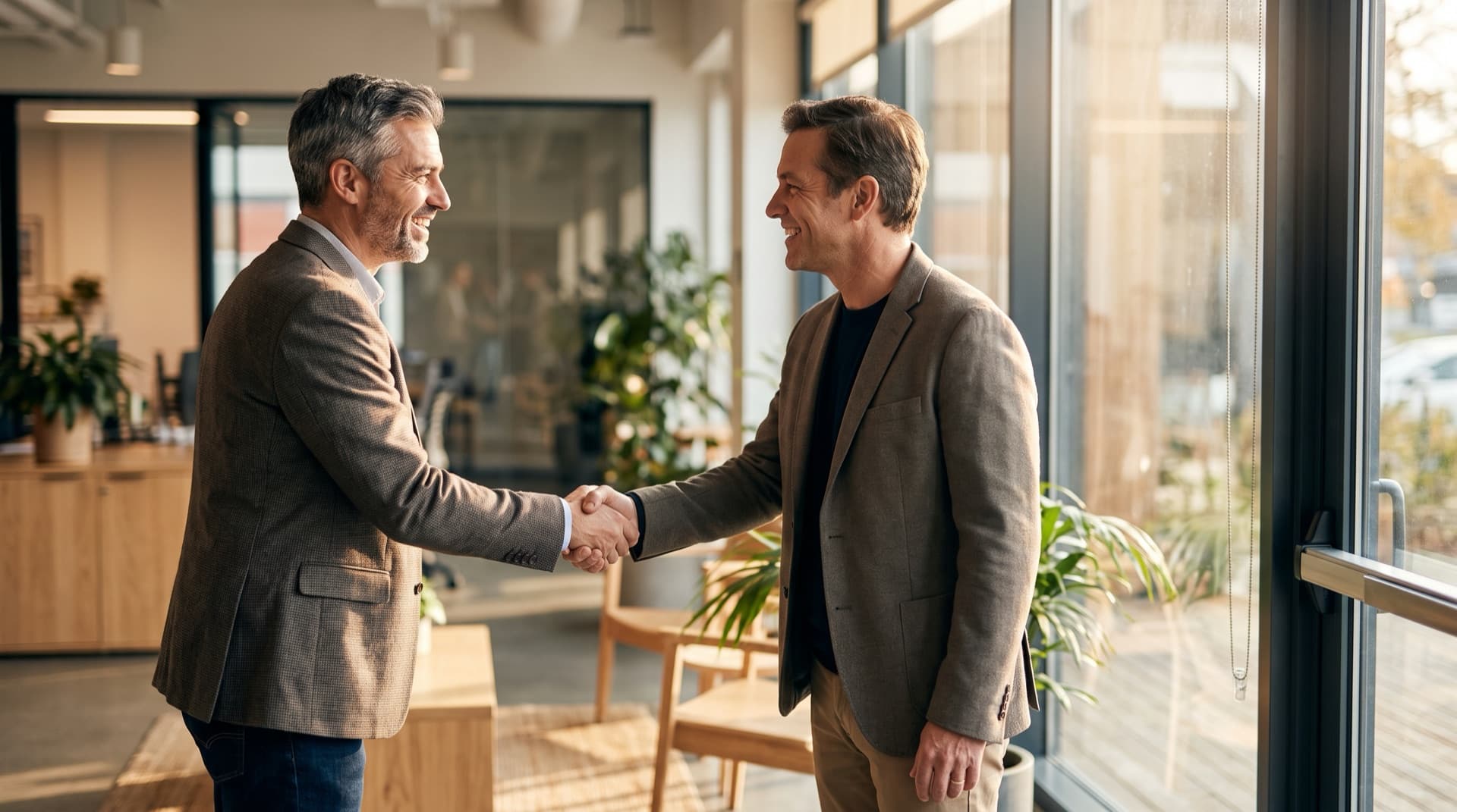 Un courtier accueille un client à l'entrée du bureau